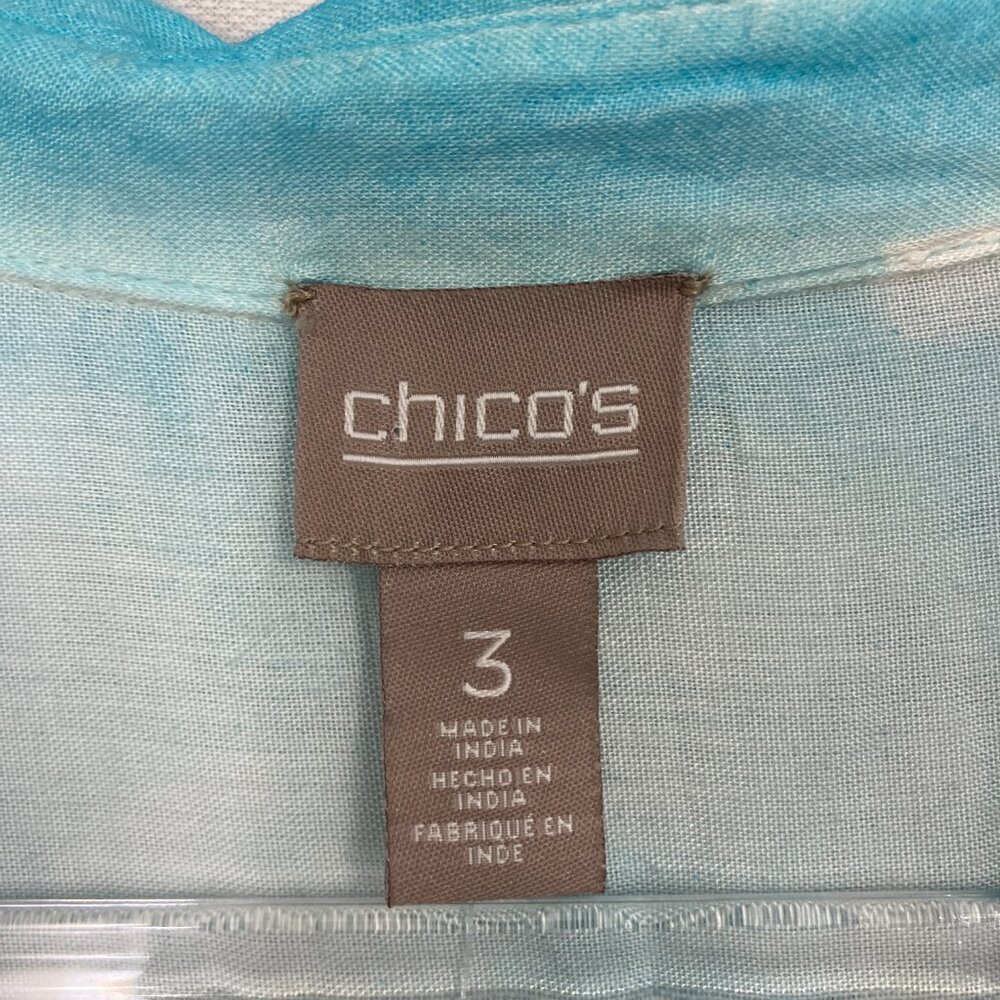 New Chico's Blue Aqua Color‎ Spray Ultra Soft Flowy Button Down XL/3 Preppy - Picture 2 of 12